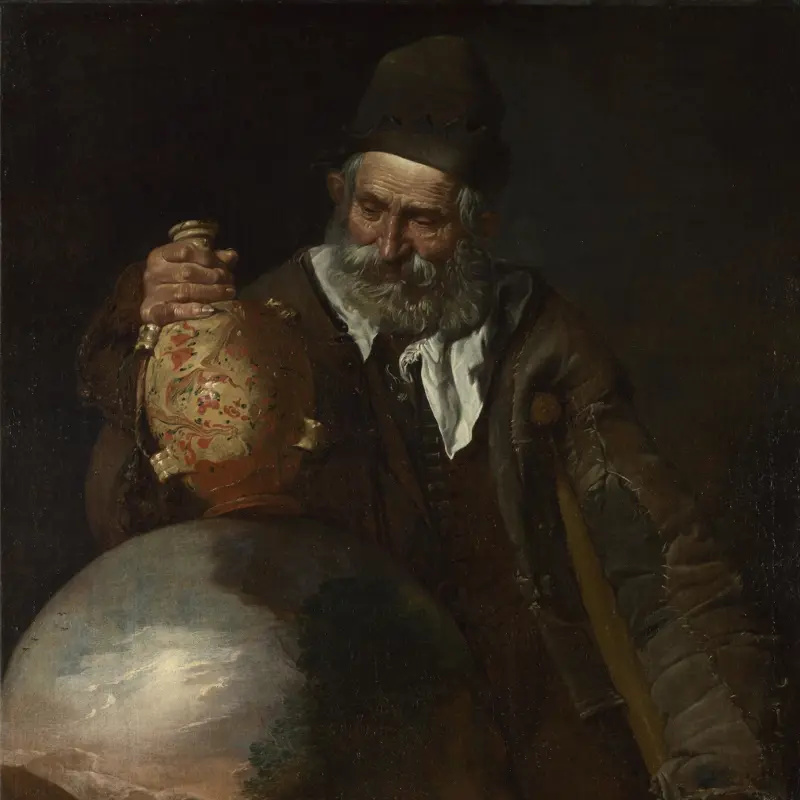 An Old Man holding a Pilgrim-Bottle